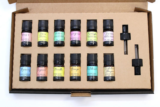 Aromatherapie ätherische Öle Set mit 12 Fläschchen und 2 Pipetten.