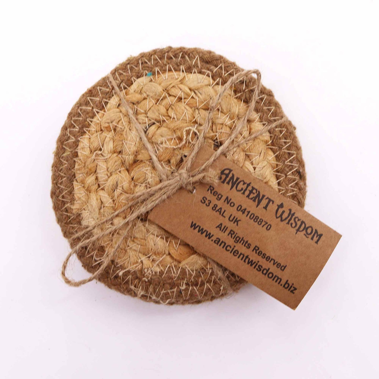 Set of 4 natural jute and cotton coasters with a brown border.