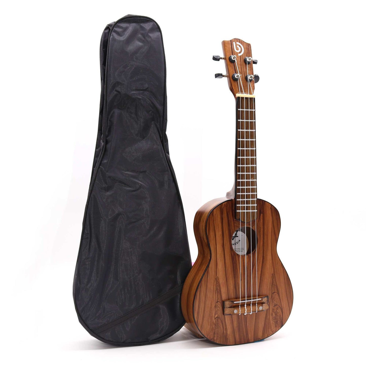 Ukulele mit natürlicher Holzmaserung und schwarzer Tragetasche.