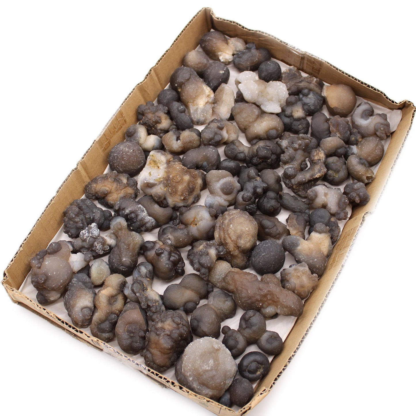 Eine Kiste mit vielen kleinen, unregelmäßig geformten Chalcedon-Rohsteinen in verschiedenen Grautönen.