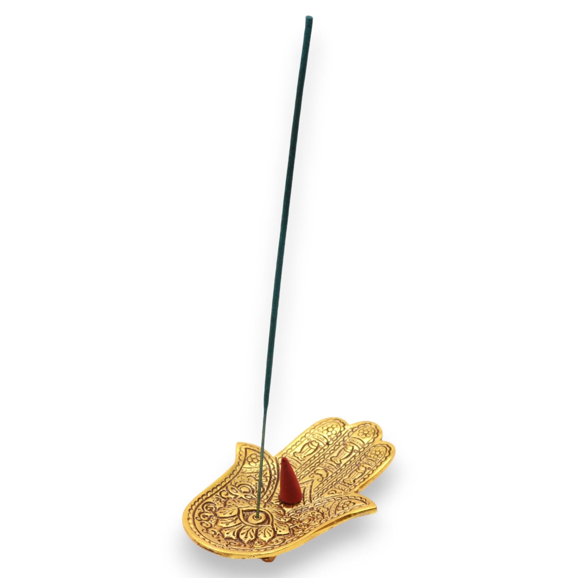Gold aluminum small Hamsa incense holder with an incense stick and cone.