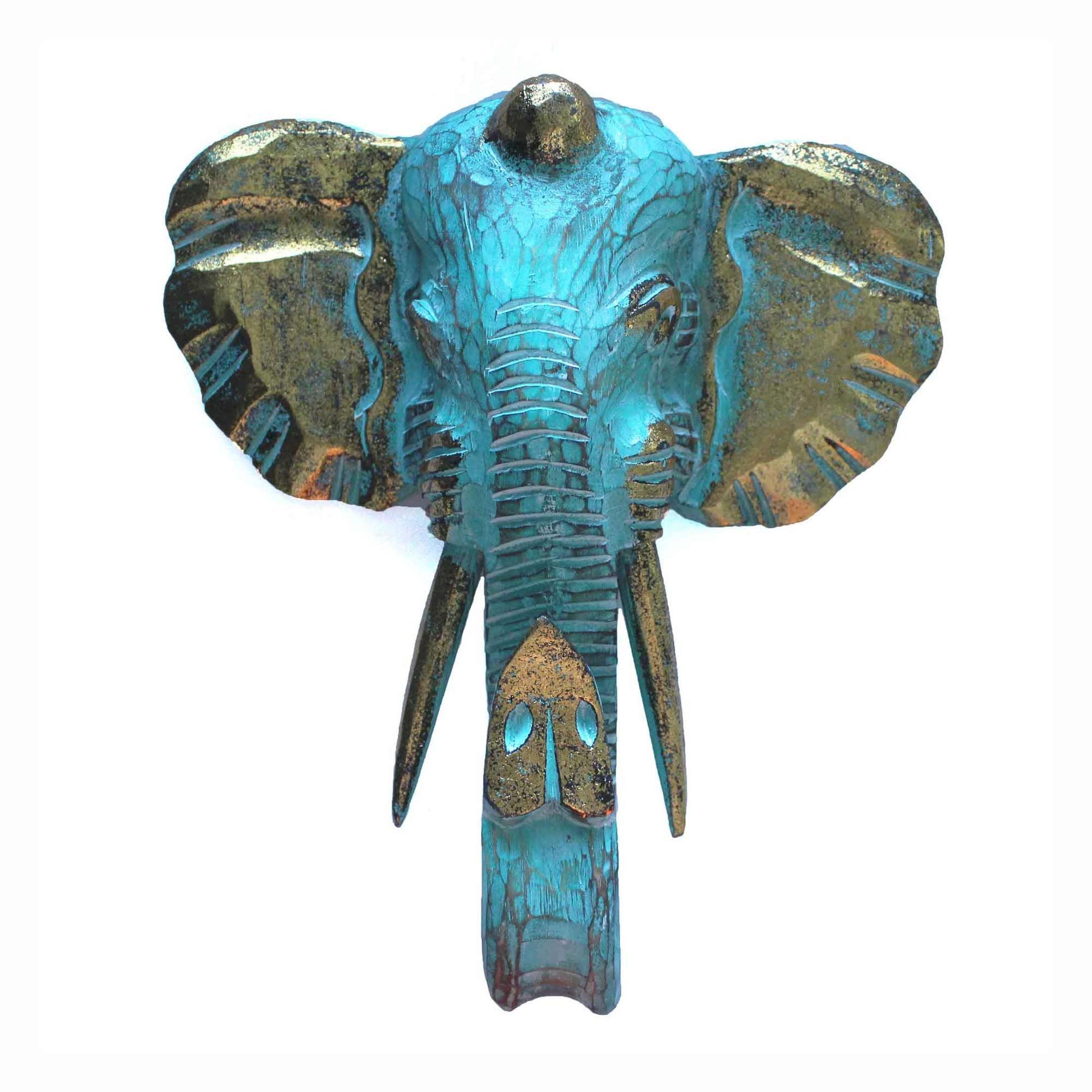 Large elephant head sculpture with gold and turquoise finish.