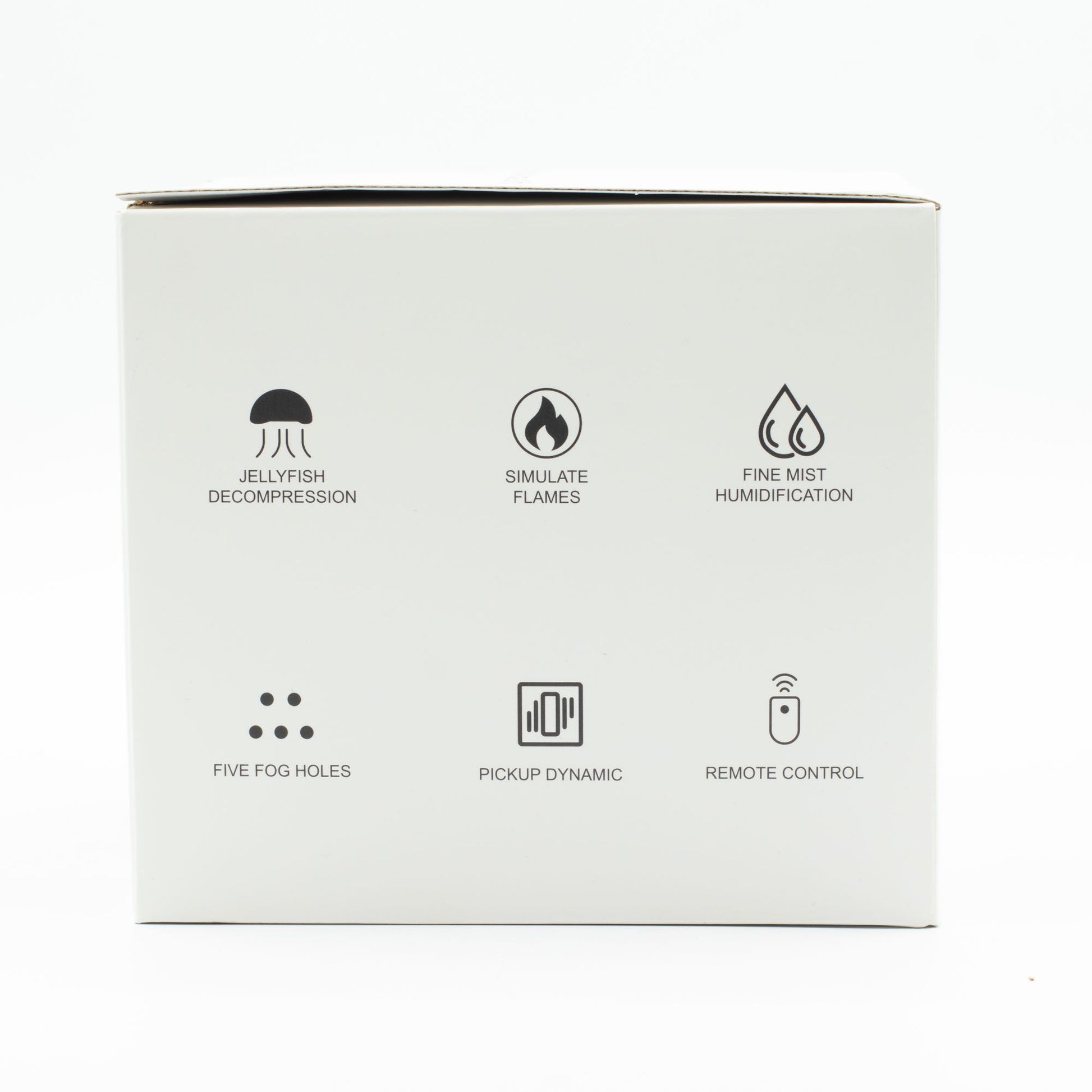 A white box with icons and text describing features like jellyfish decompression, simulated flames, and fine mist humidification.