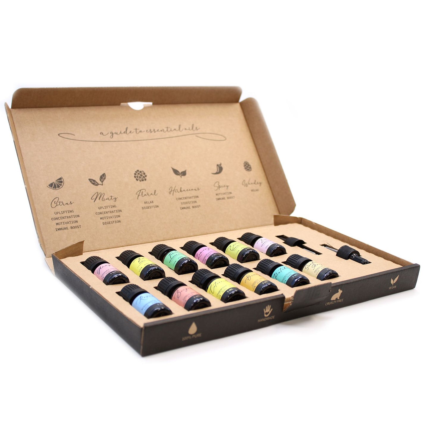 Aromatherapie ätherische Öle Set mit 12 Fläschchen und 2 Pipetten.