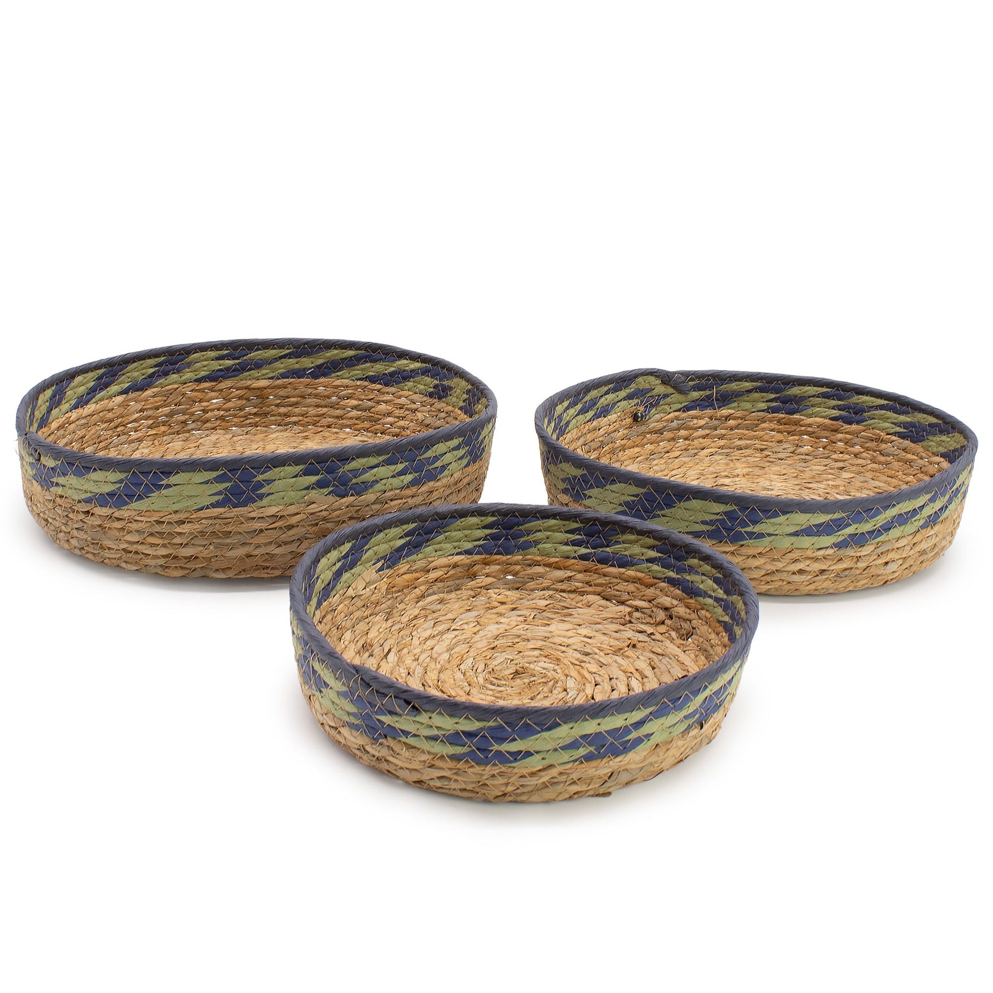 Set of 3 natural straw and seagrass tray baskets with green and blue detailing.