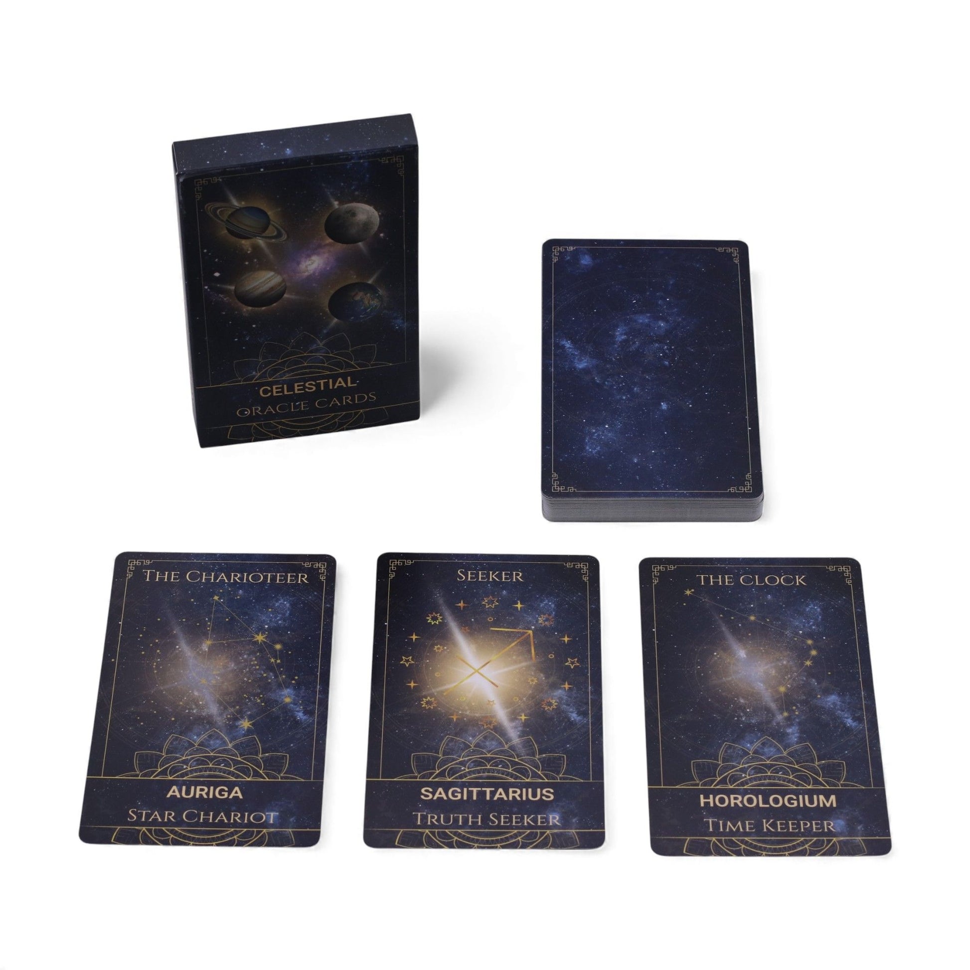 Celestial Energy Orakelkarten mit Sternenbildern und Planeten.