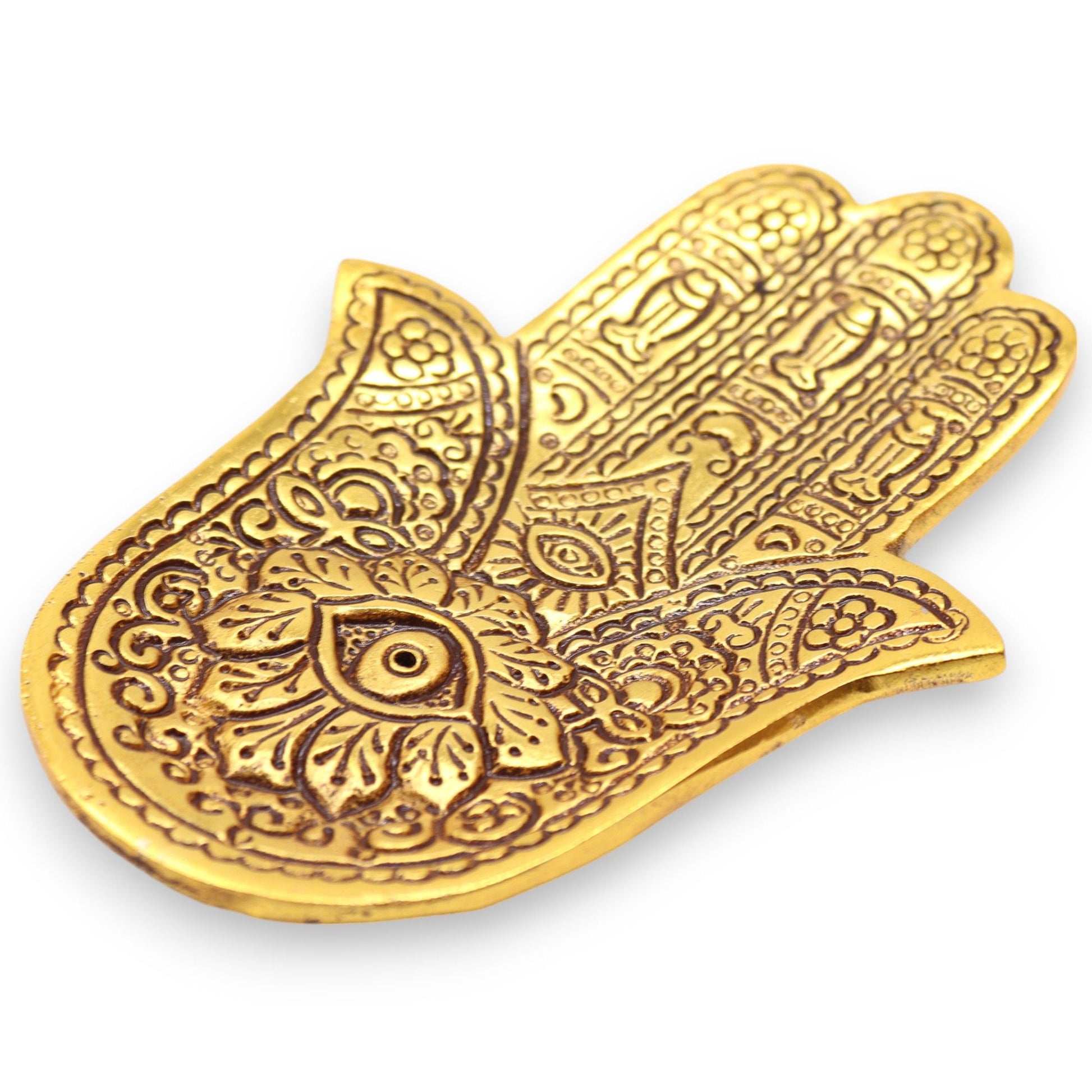 Gold aluminum small Hamsa incense holder with intricate designs.