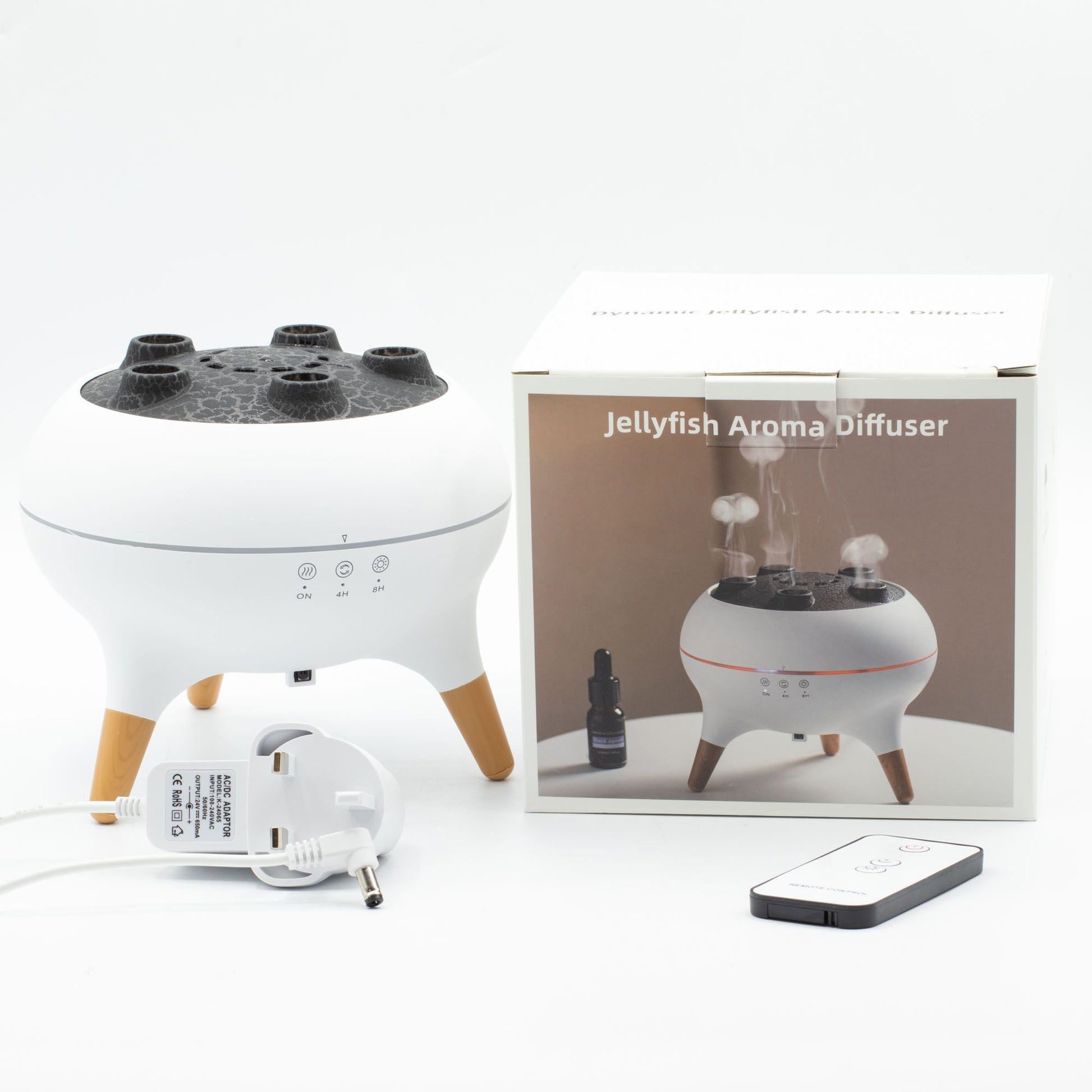Jellyfish aroma diffuser with color-changing LED and remote control.