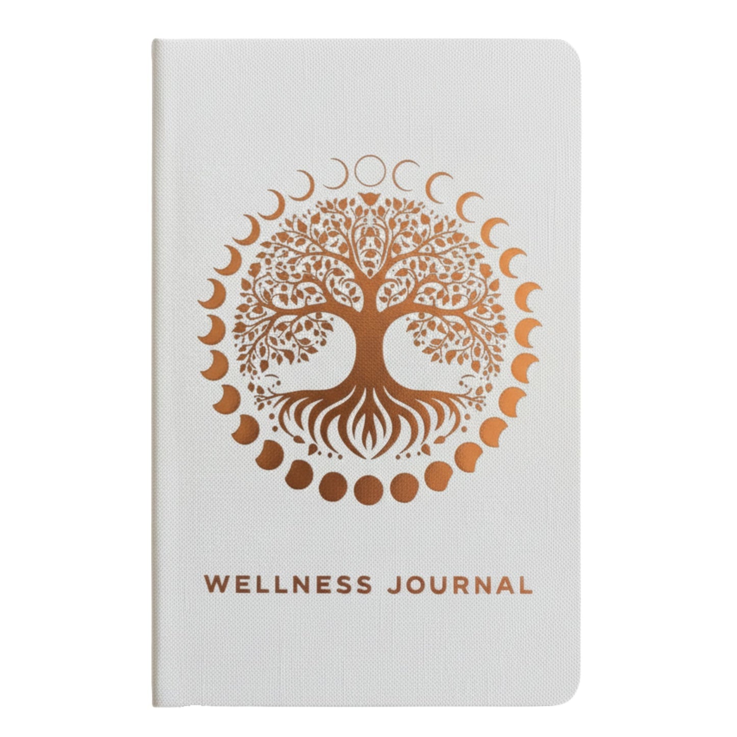 Weißes Wellness-Tagebuch mit Lebensbaum und Mondphasen in Roségold.