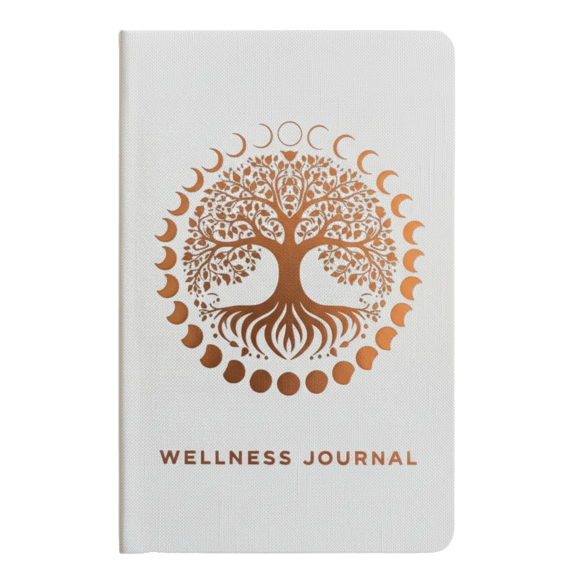 Weißes Wellness-Tagebuch mit Lebensbaum und Mondphasen in Roségold.