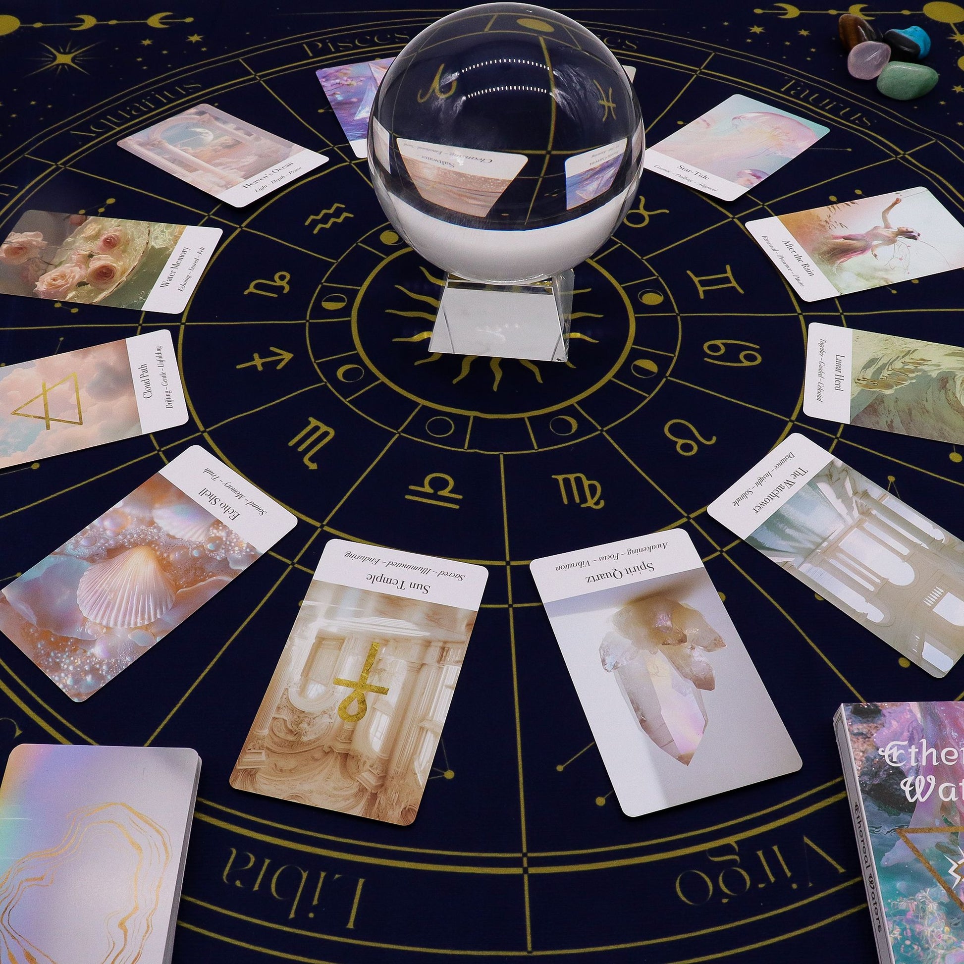 Tarot reading cloth with zodiac symbols and scattered oracle cards.
