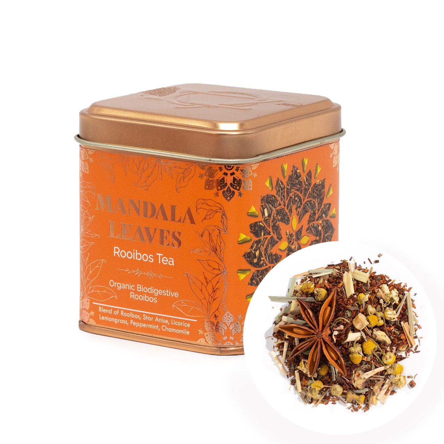 Organic Biodigest Rooibos tea in an orange tin with a close-up of the tea blend.