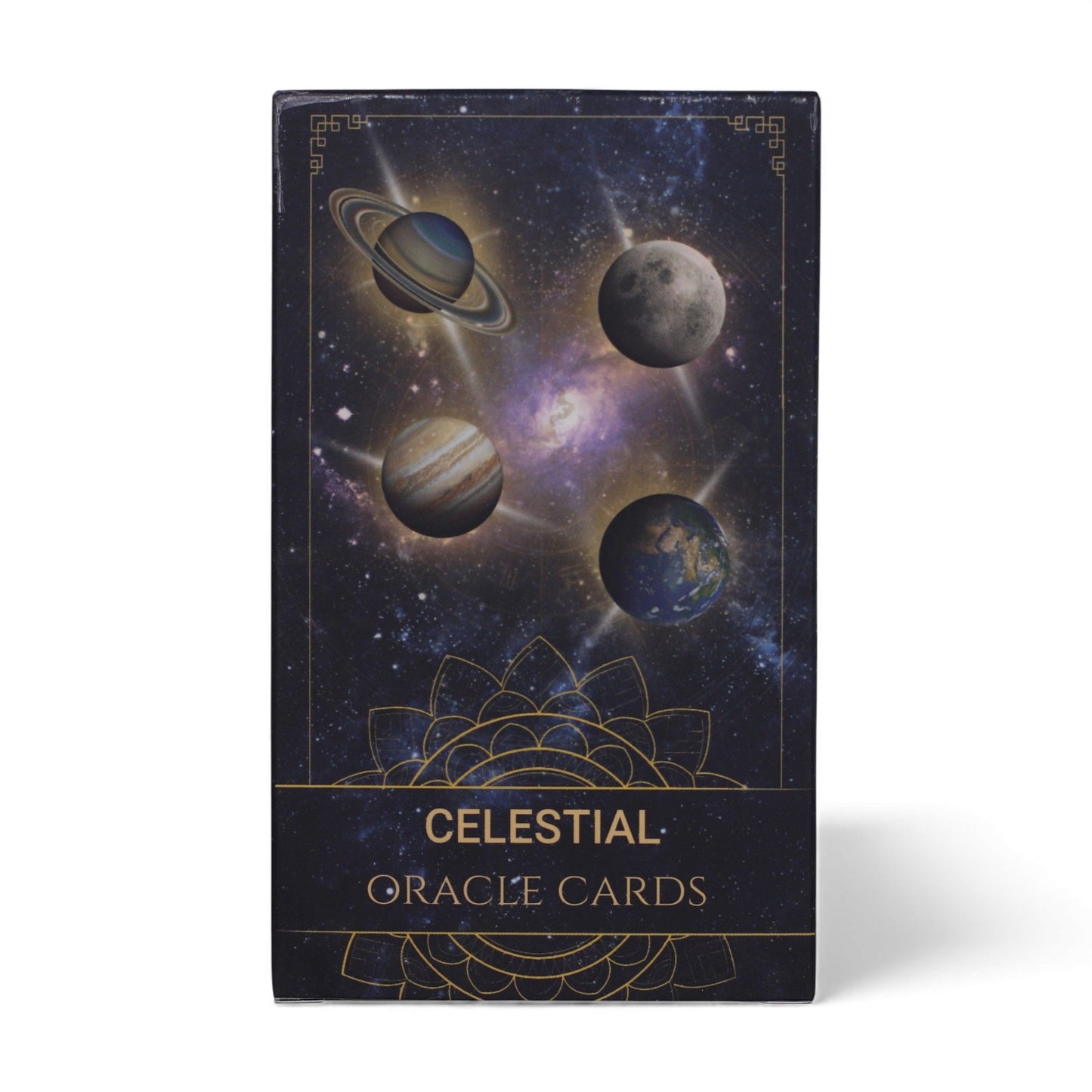 Celestial Energy Orakelkarten mit Planeten und Sternen auf dunklem Hintergrund.
