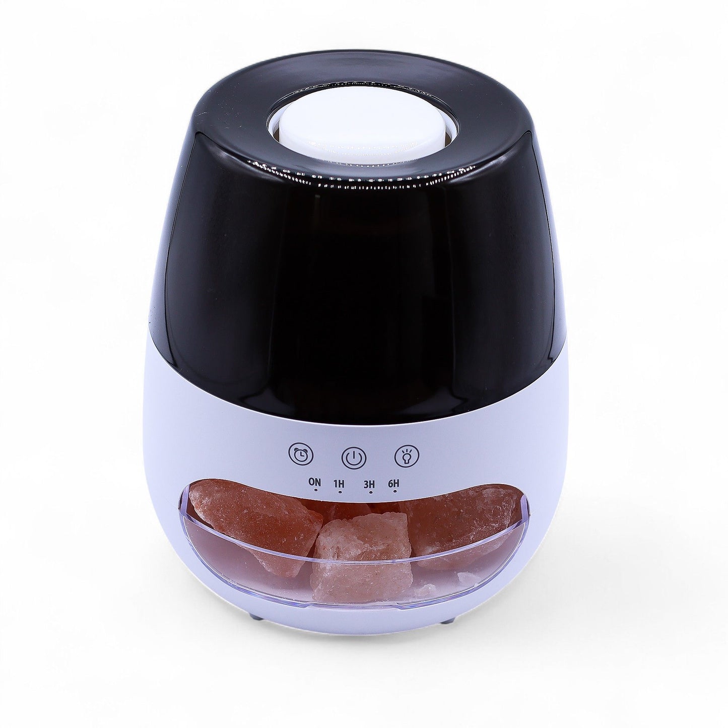 White aroma diffuser with salt stones, flame effect light, and timer controls.