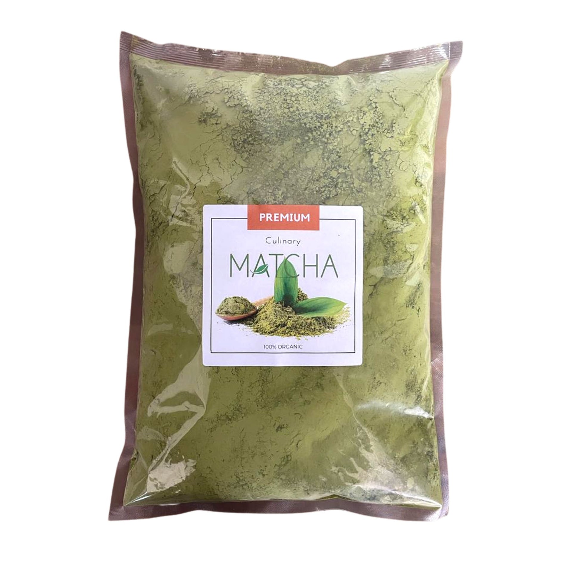 A bag of premium organic culinary matcha tea powder.