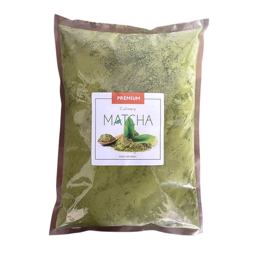 A bag of premium organic culinary matcha tea powder.