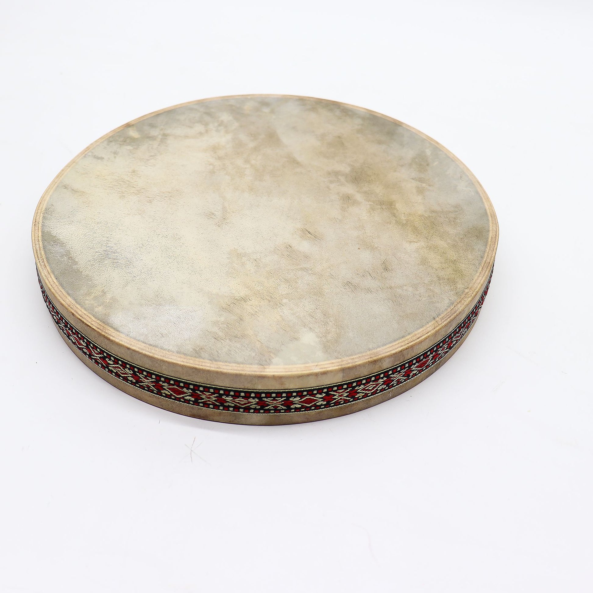 A 30cm shaman sound healing ocean drum with a goatskin head and decorative patterned frame.