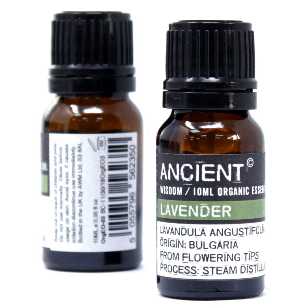 Two bottles of Ancient Wisdom organic lavender essential oil.