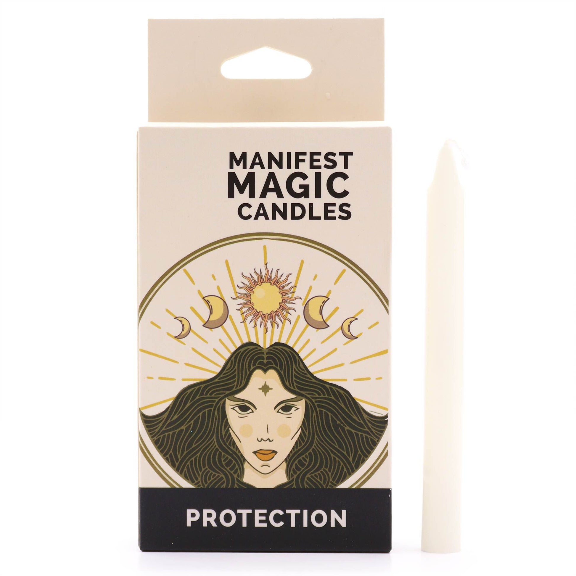 Elfenbeinfarbene Manifestationskerze "Protection" mit spirituellem Design.