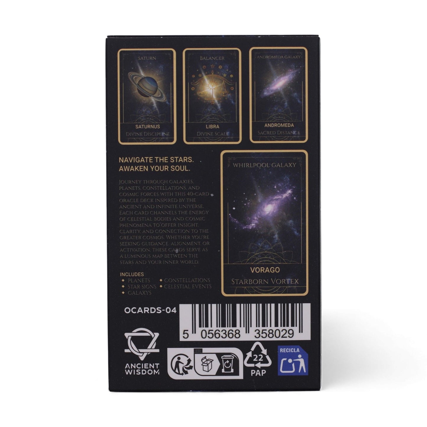 Orakelkarten mit Himmelskörpern und Galaxien auf schwarzem Hintergrund.