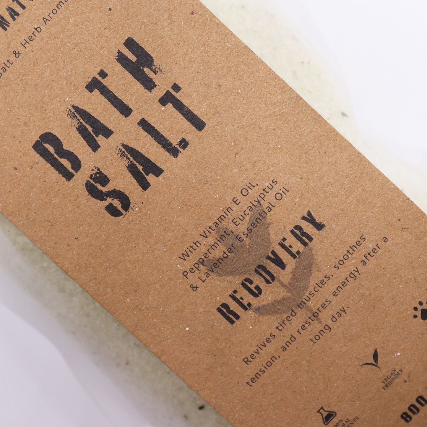 Greenman Rituals Recovery bath salt with Vitamin E, peppermint, eucalyptus, and lavender.