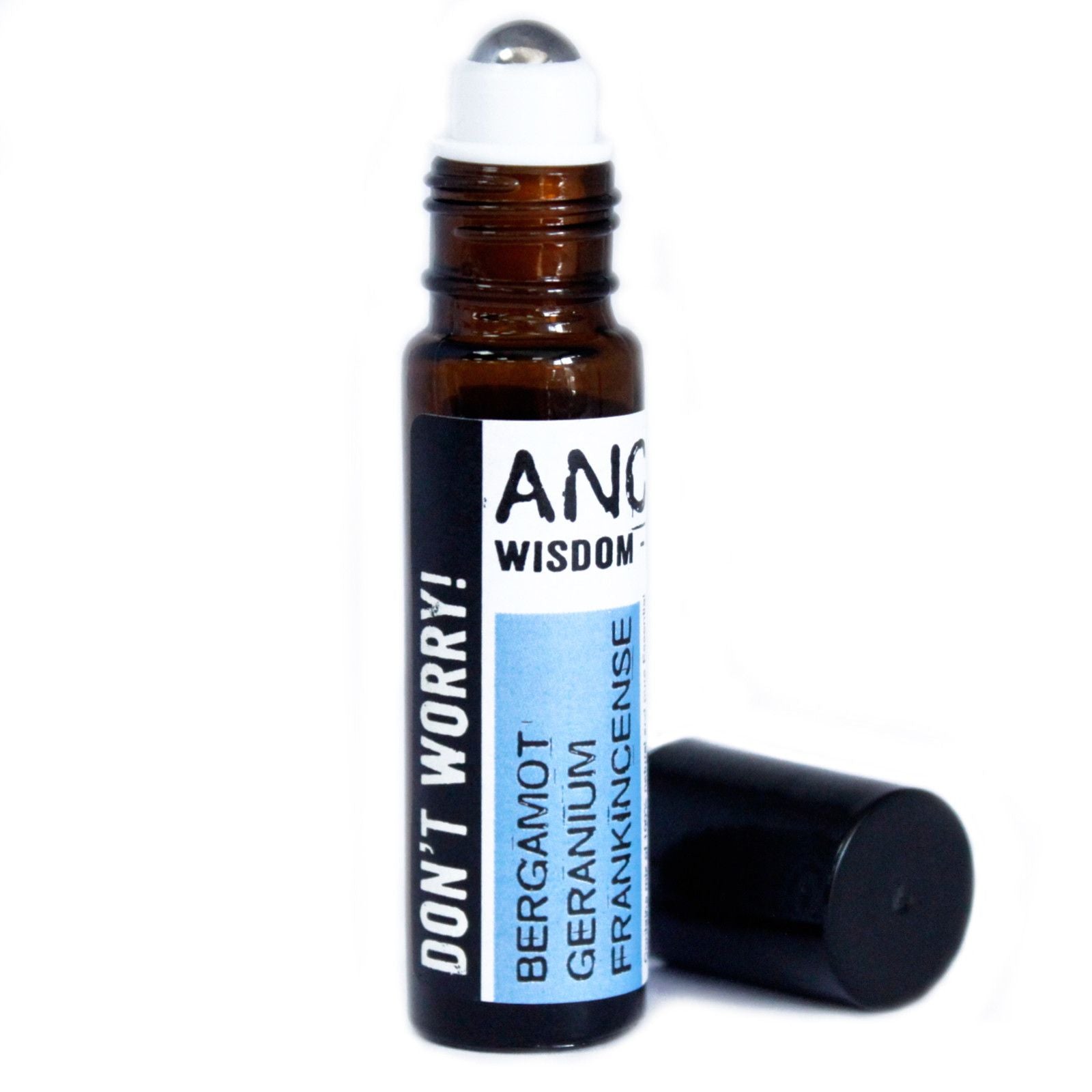 10ml roll-on bottle with "Don't Worry!" label and essential oil ingredients.