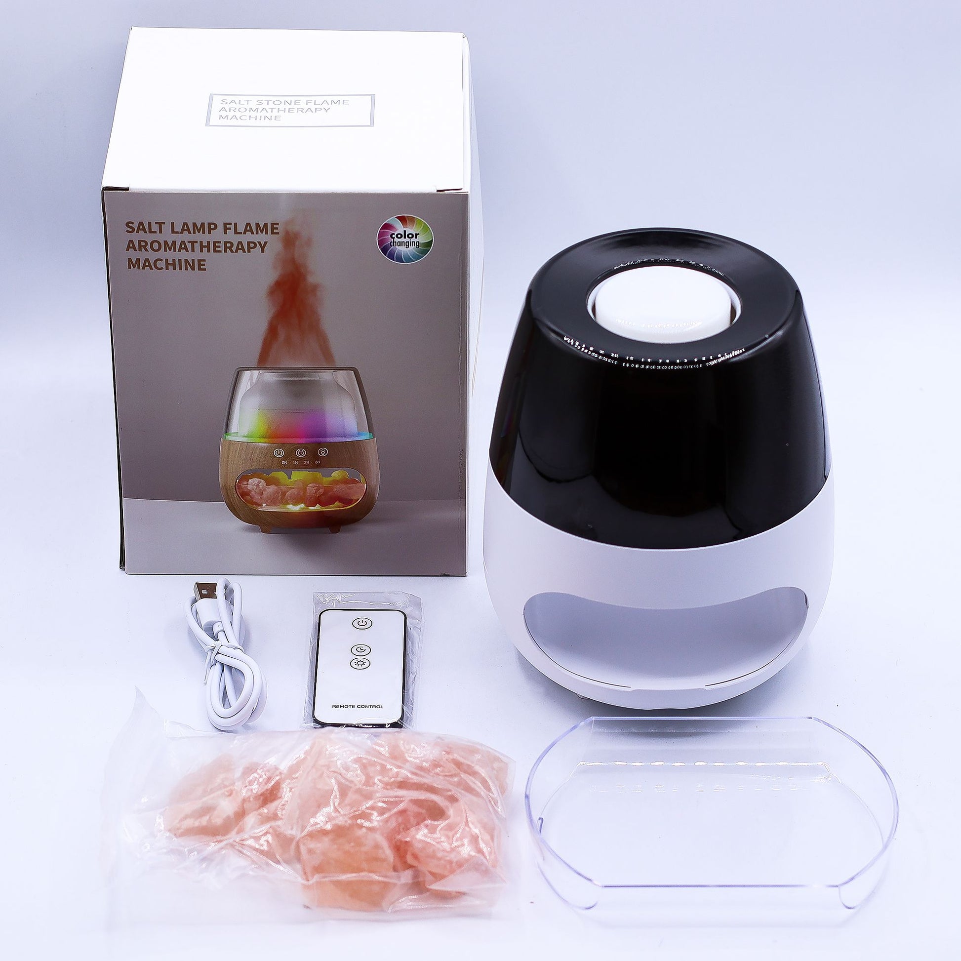Salt stone flame effect aroma diffuser with USB, color change, and timer.