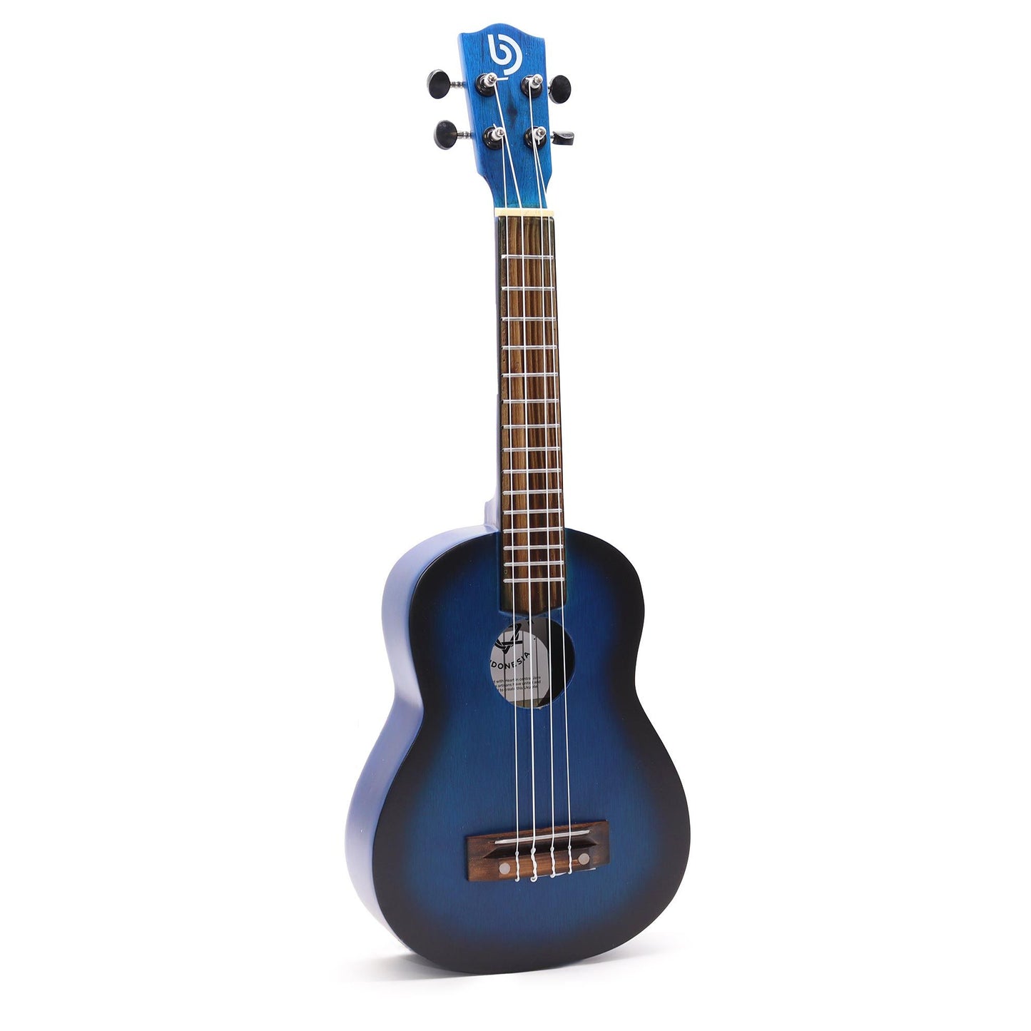 Ukulele mit blauem Sunburst-Finish und vier Saiten.