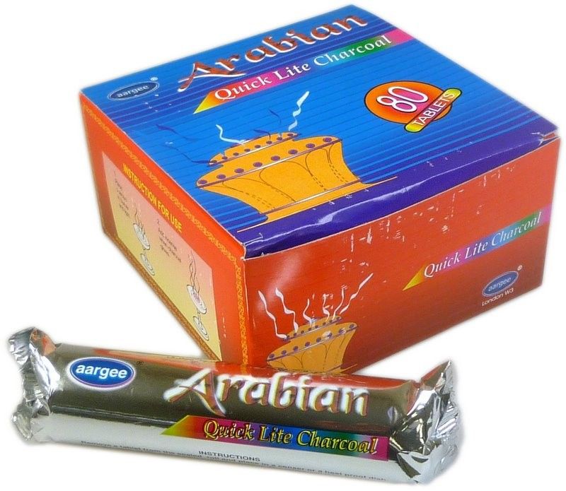 Arabian Quick Lite Charcoal tablets in a silver wrapper and a box.
