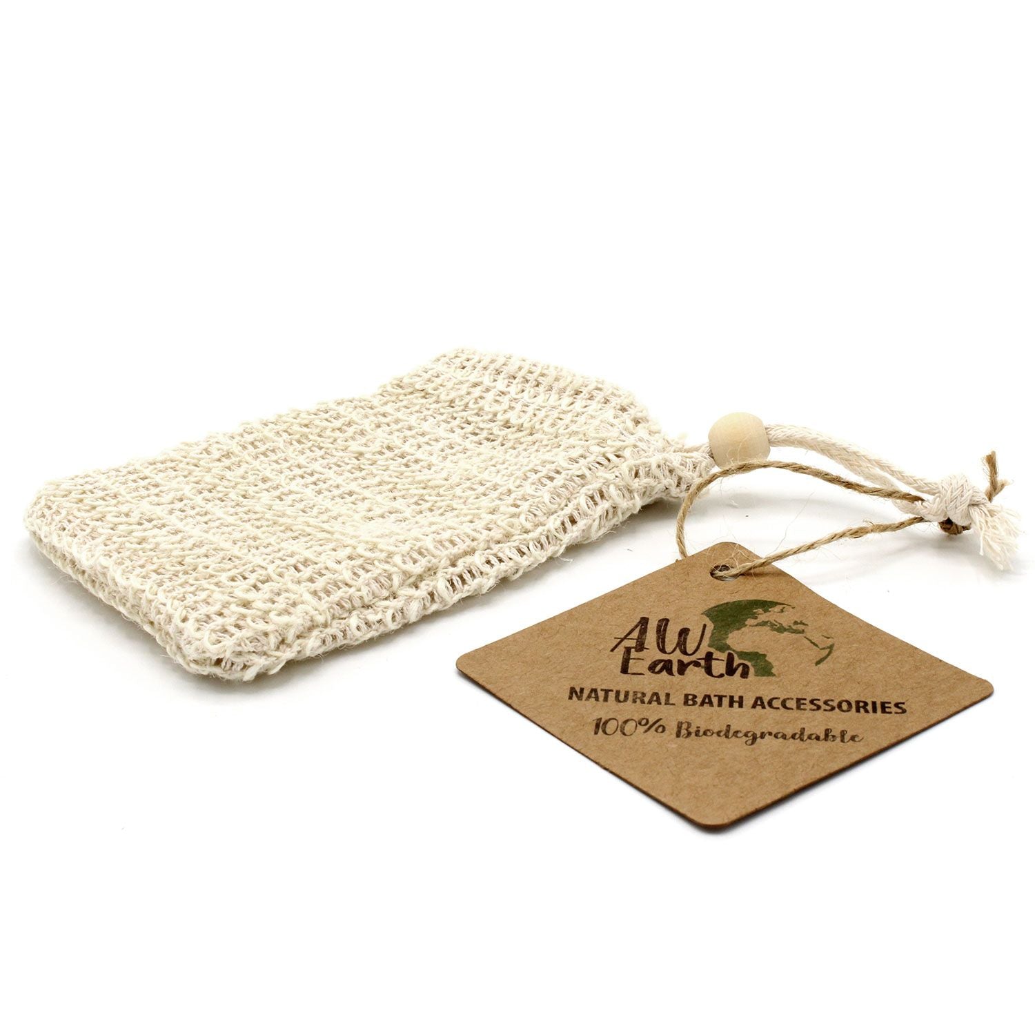 A natural jute soap bag with a wooden bead and a kraft paper tag.