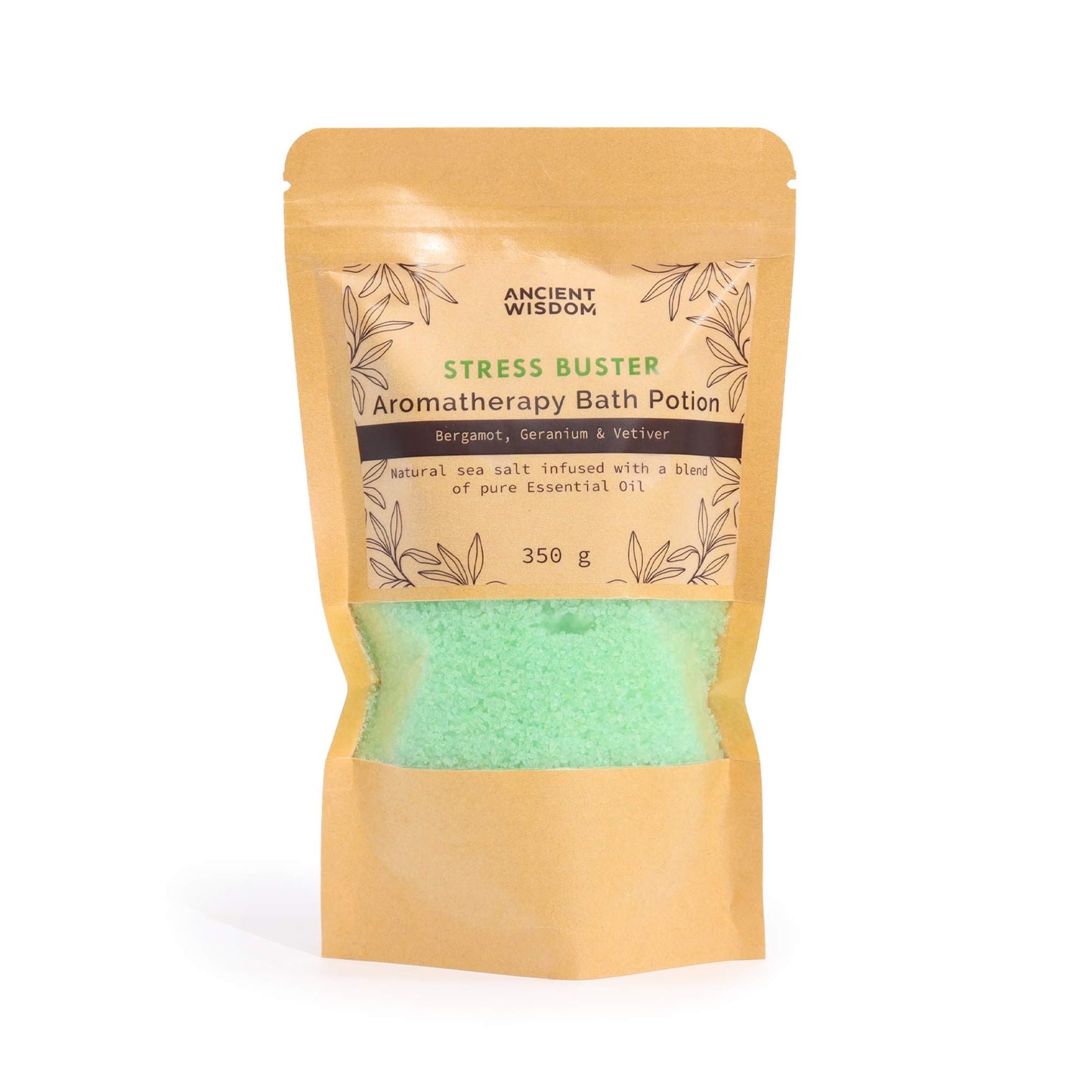 Kraft bag of green aromatherapy bath salts labeled "Stress Buster".