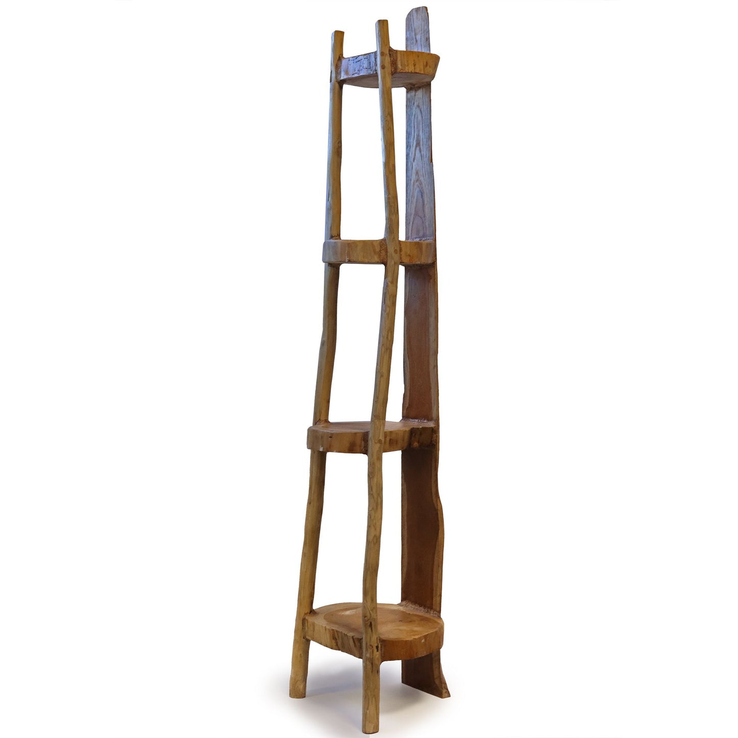 Naturbelassenes Teakholz-Eckregal mit 4 Ablagen, 135cm hoch.
