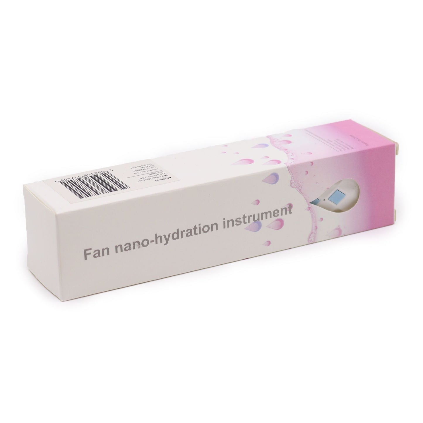 Pink nano mist face fan and spray on a white box.