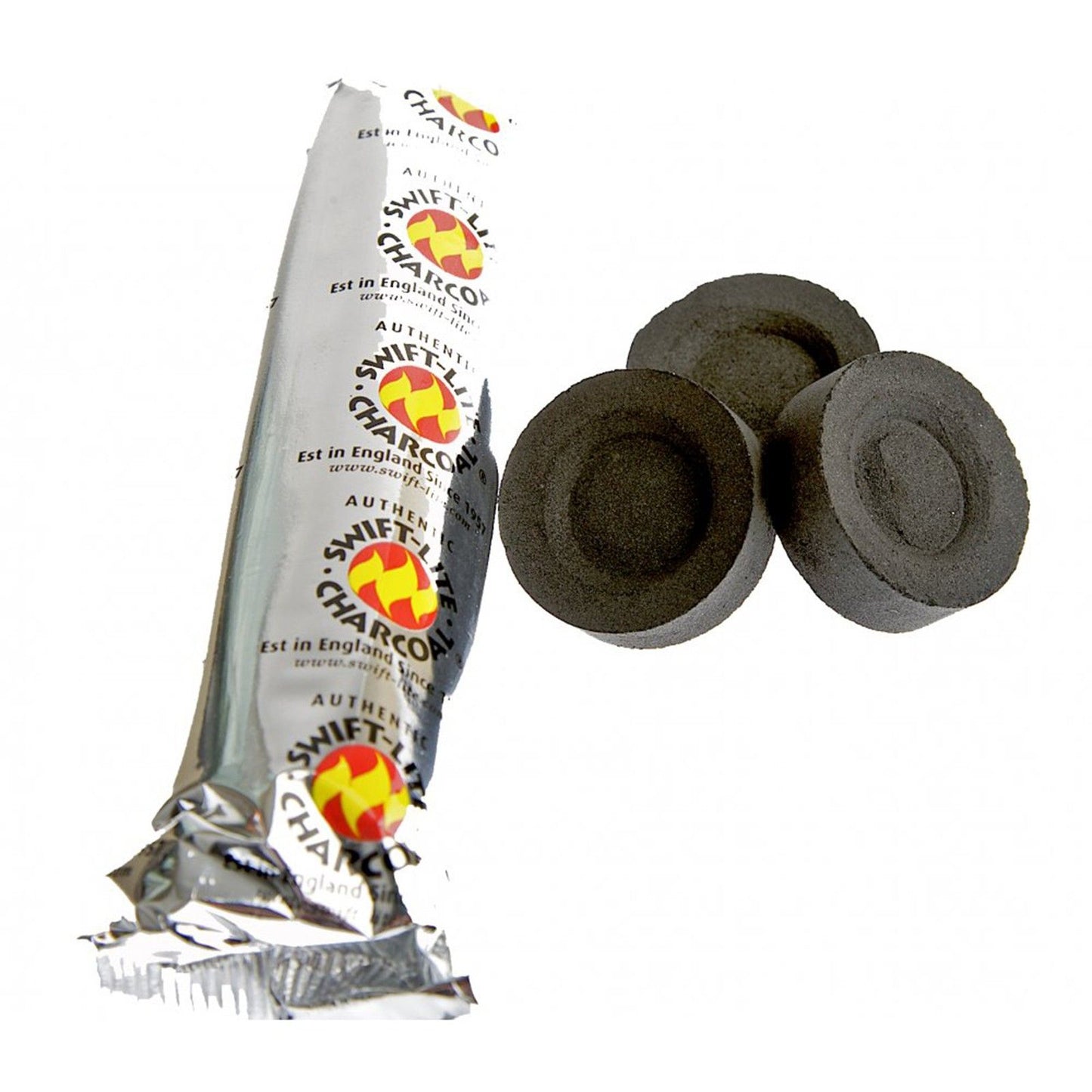 Räucherkohle Tabletten in einer Packung mit drei einzelnen Tabletten daneben.