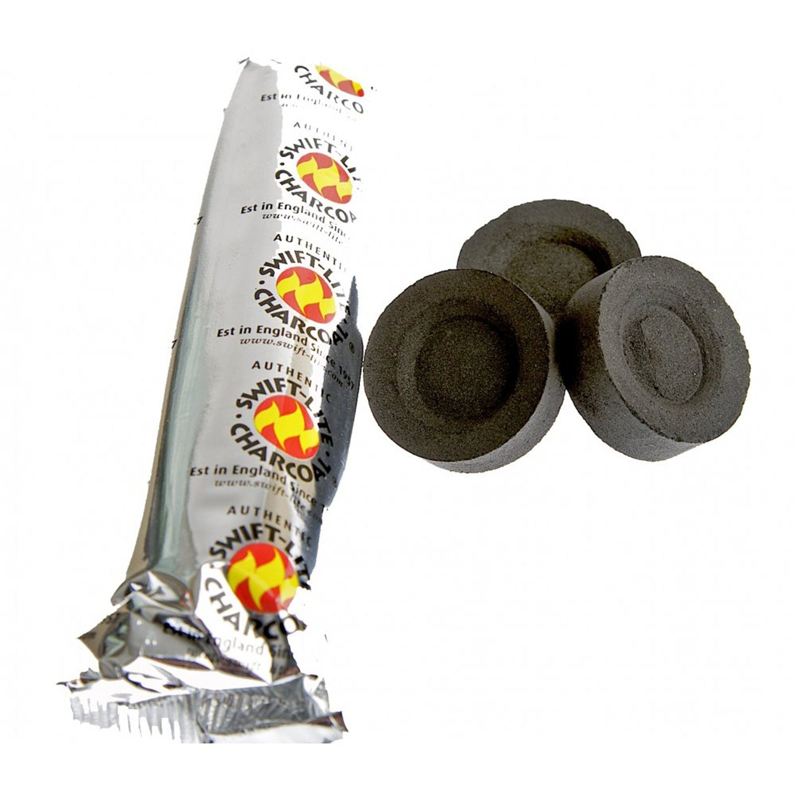 Räucherkohle Tabletten in einer Packung mit drei einzelnen Tabletten daneben.