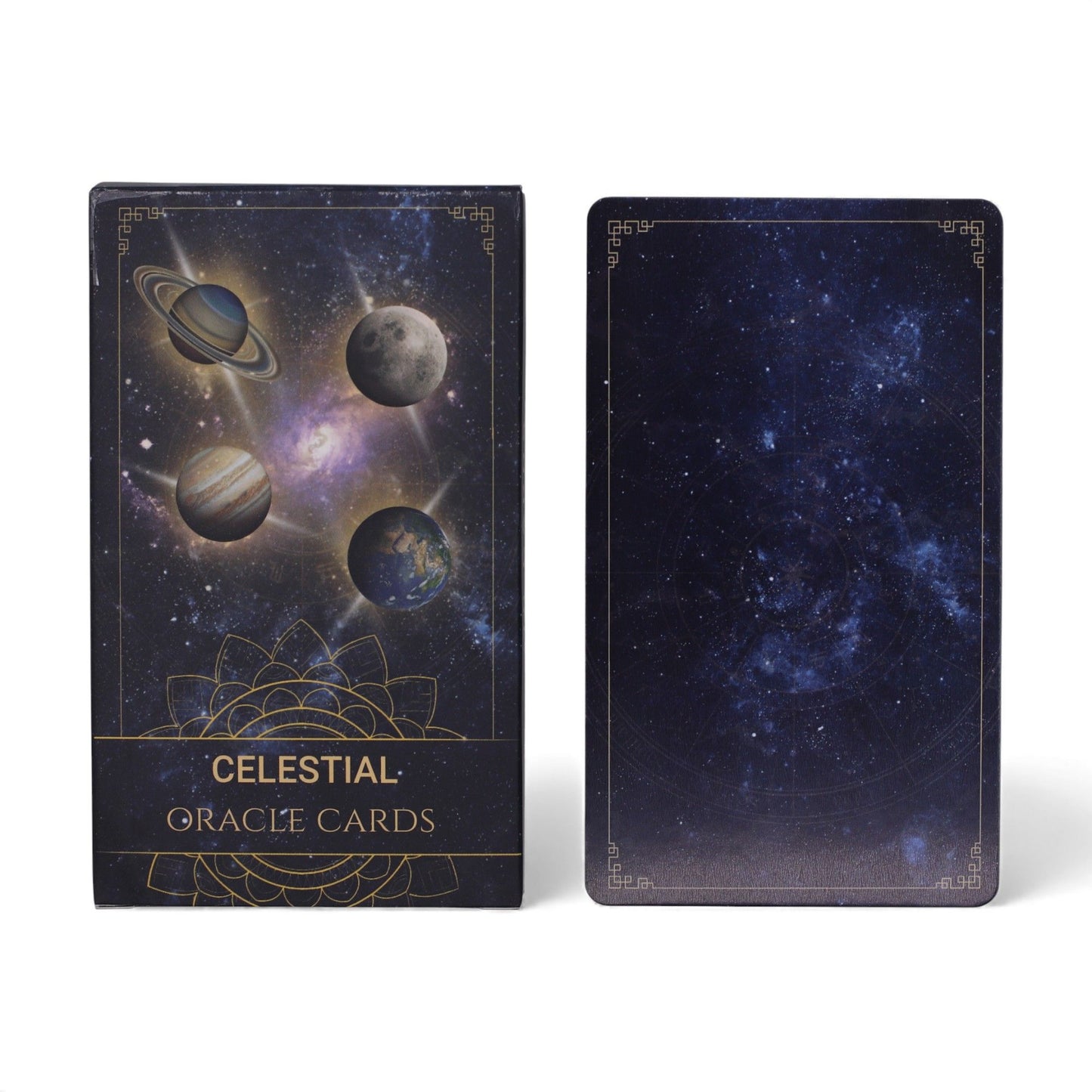 Celestial Energy Orakelkarten mit Planeten und Sternenhimmel.
