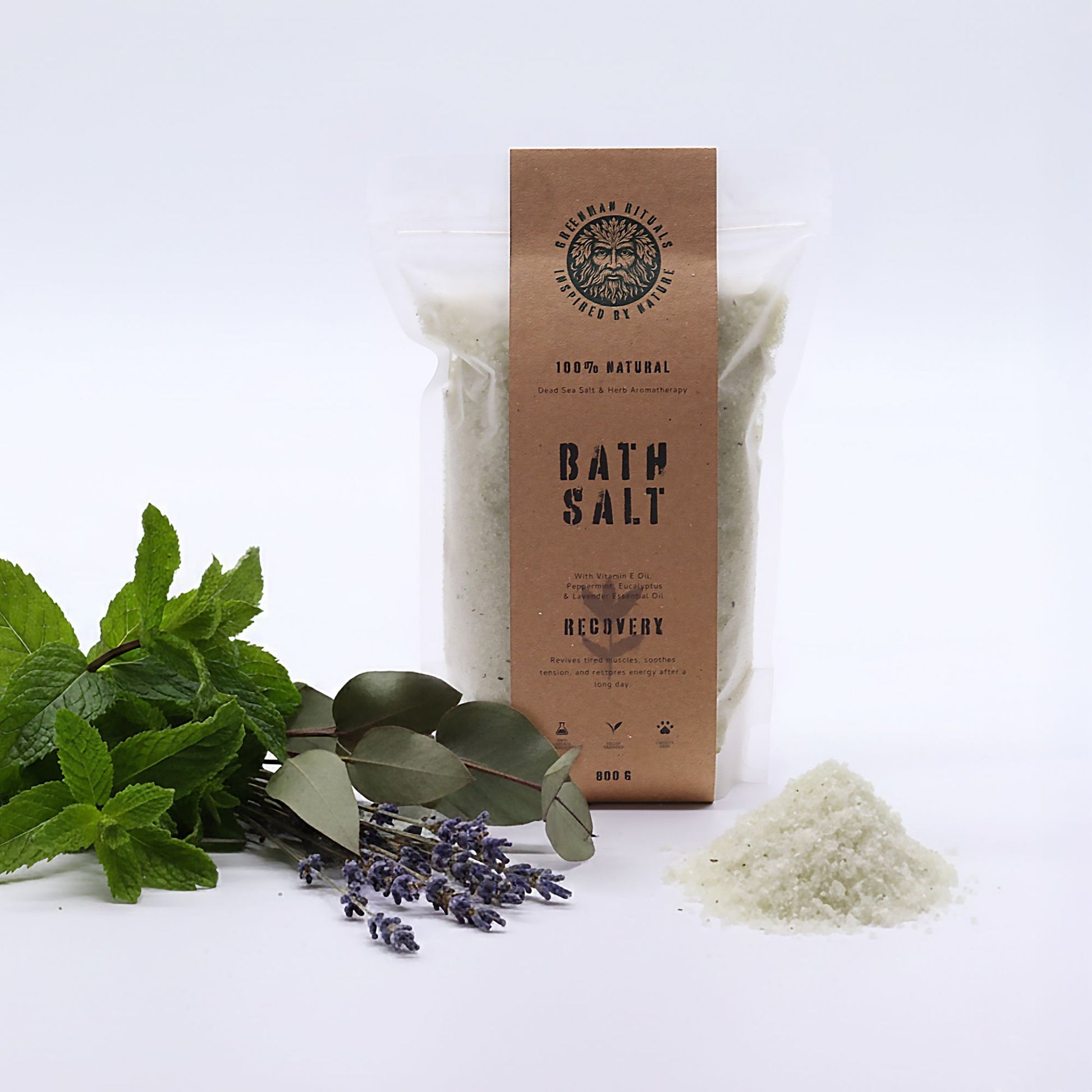 Greenman Rituals Recovery bath salt with mint, lavender, and eucalyptus.