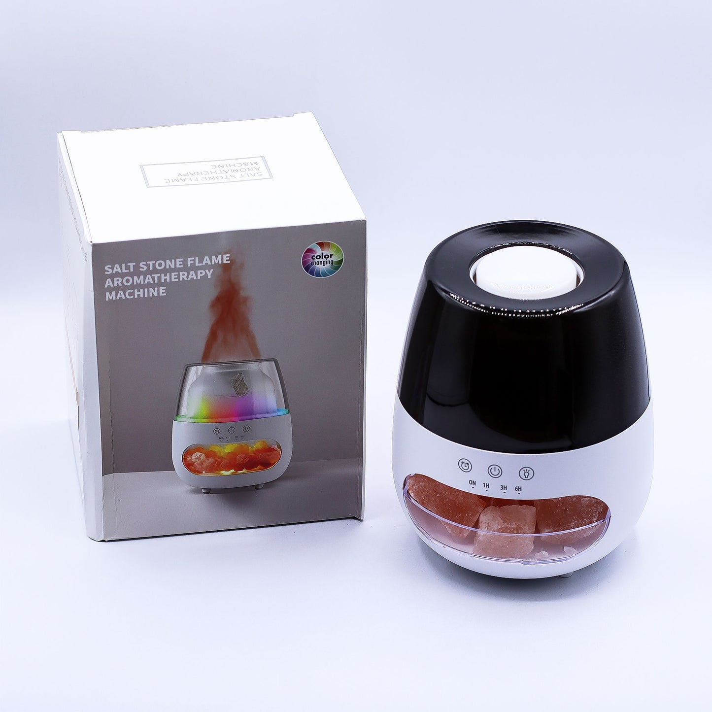 White aroma diffuser with flame effect, color changing lights, and timer.