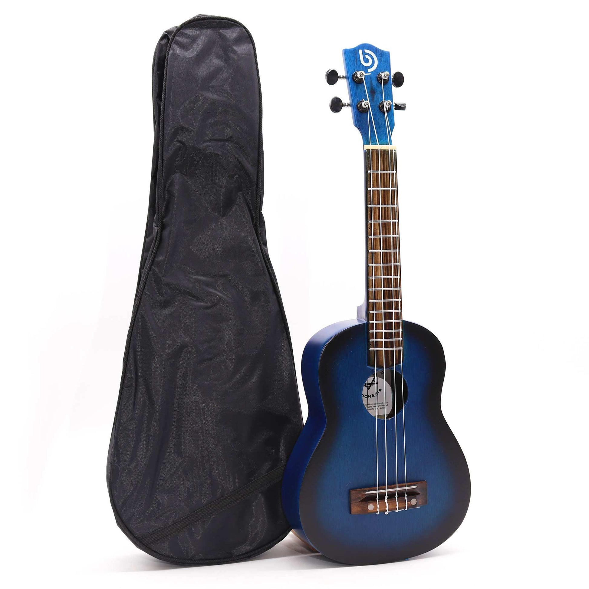 Blaue Ukulele mit Sunburst-Finish und schwarzer Tragetasche