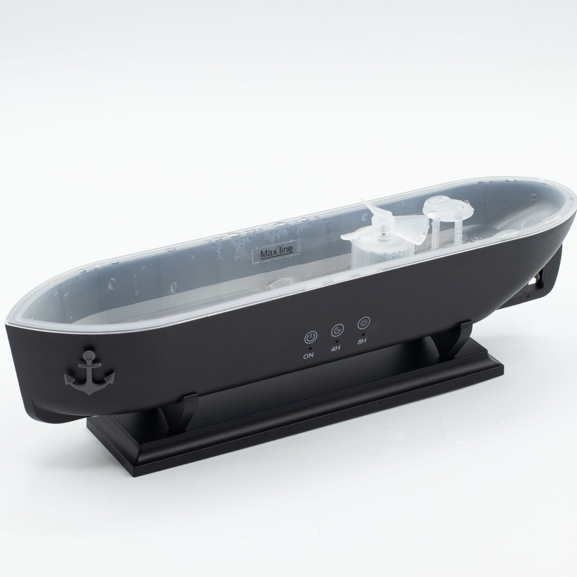 Ship-shaped aroma diffuser with puff effect and LED light.