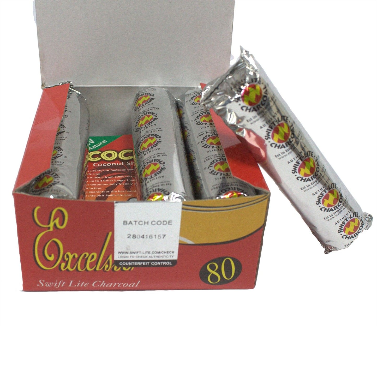 Packung mit 10 Räucherkohle Tabletten, eine davon liegt auf der Verpackung.