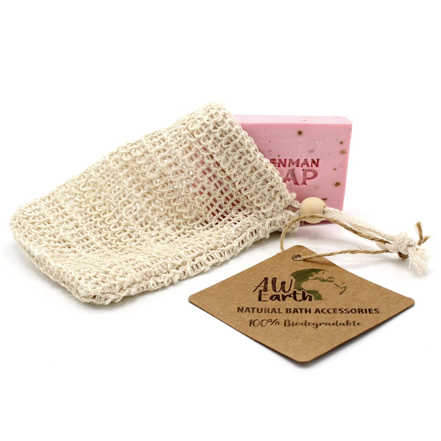 A pink bar of soap rests inside a natural jute soap bag with a brown tag.