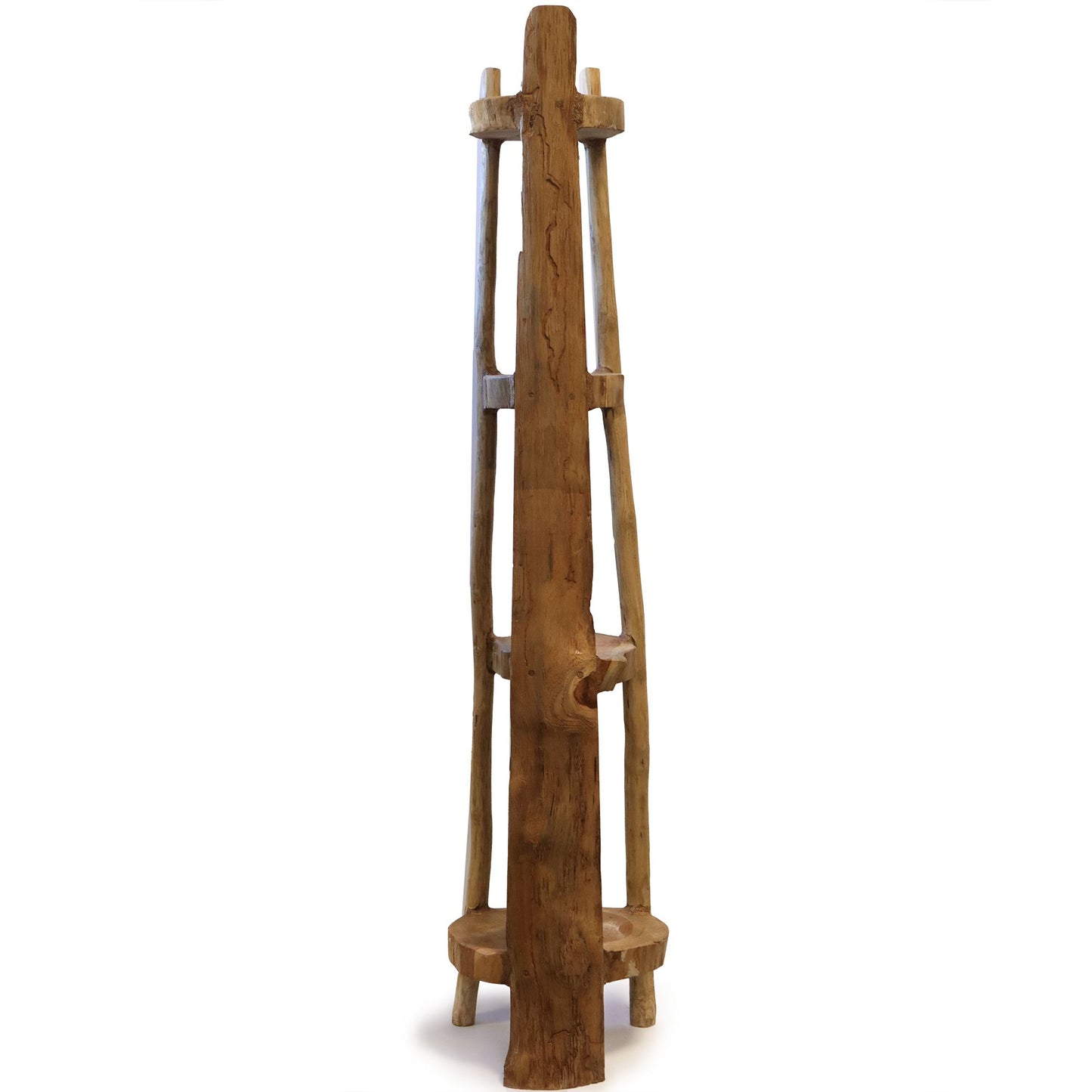 Naturbelassenes Teakholz-Eckregal mit 4 Ablagen, 135cm hoch.