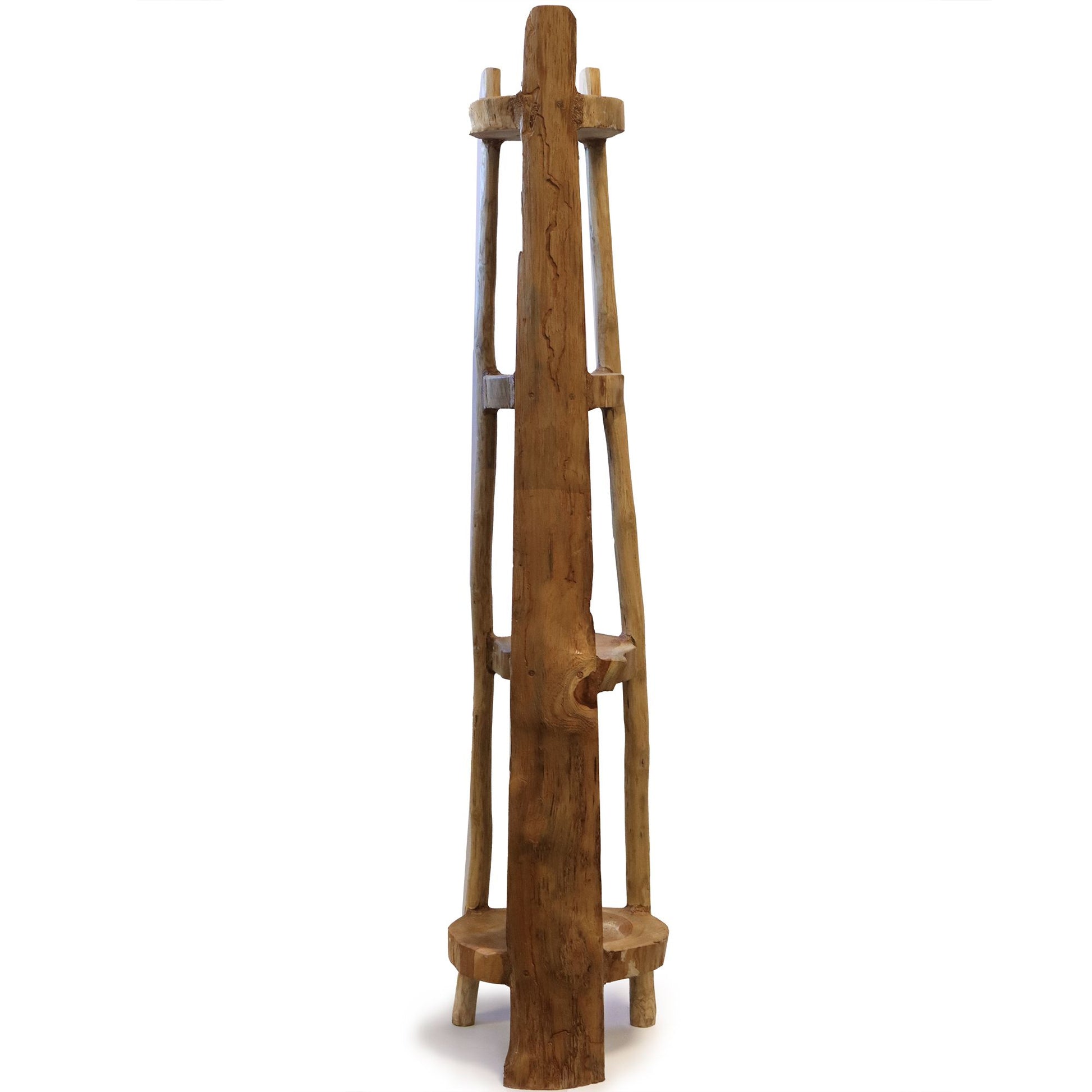 Naturbelassenes Teakholz-Eckregal mit 4 Ablagen, 135cm hoch.