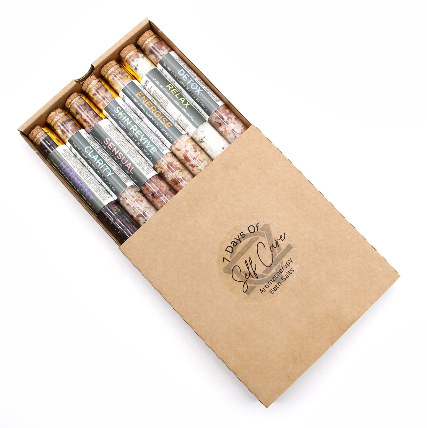 Gift pack of 7 bath salt vials with aromatherapy blends.