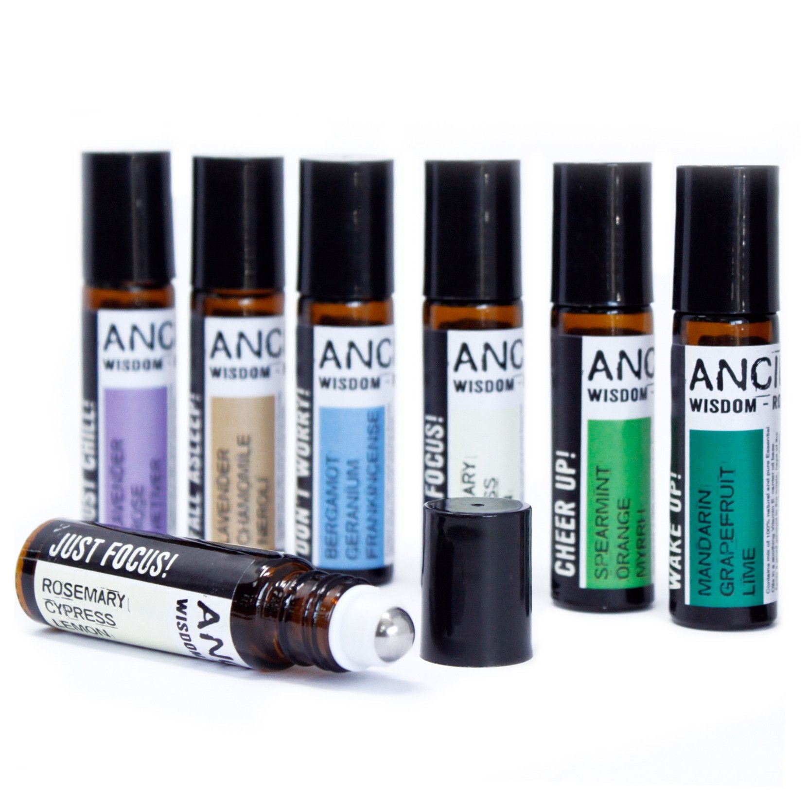 Sechs 10ml Roll-On Flaschen mit ätherischen Ölen und Vitamin E.