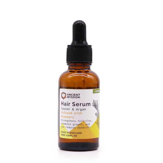 Bio-Rosmarin Haarserum mit Rizinus- und Arganöl in Braunglasflasche.