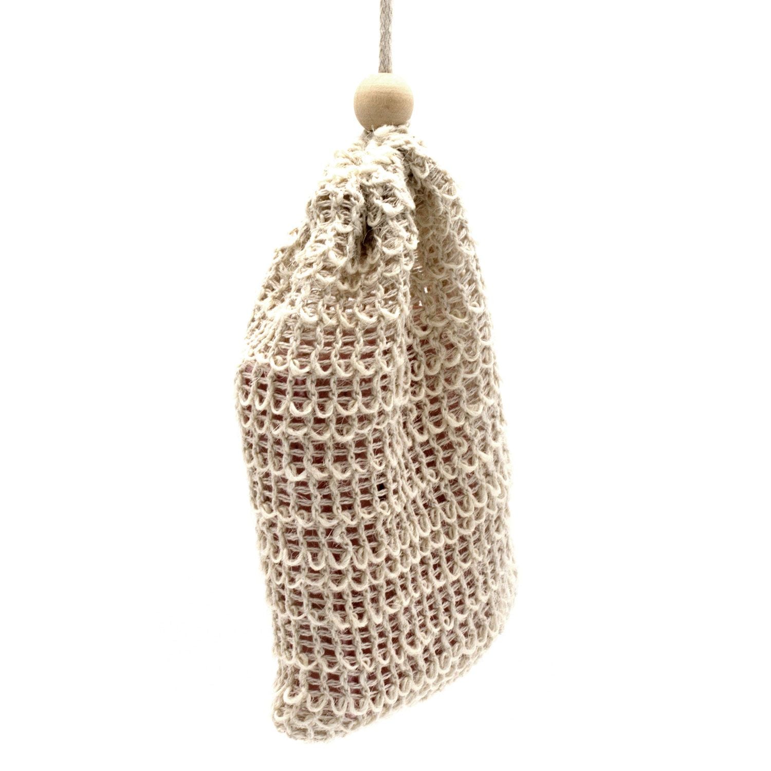 Washed jute soap bag with a wooden bead and string.