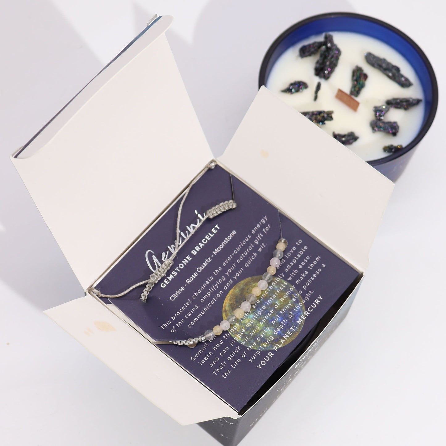 Sternzeichen-Kristallkerze - ￼ Zwillinge - ￼mit Edelsteinarmband