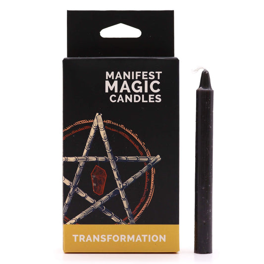 Schwarze Manifestationskerze "Transformation" mit Pentagramm-Design auf der Verpackung.